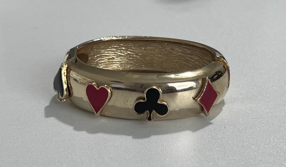 Vintage 1960s Playing Card Suits Hinged Clamper Bangle Bracelet Enamel Goldtone